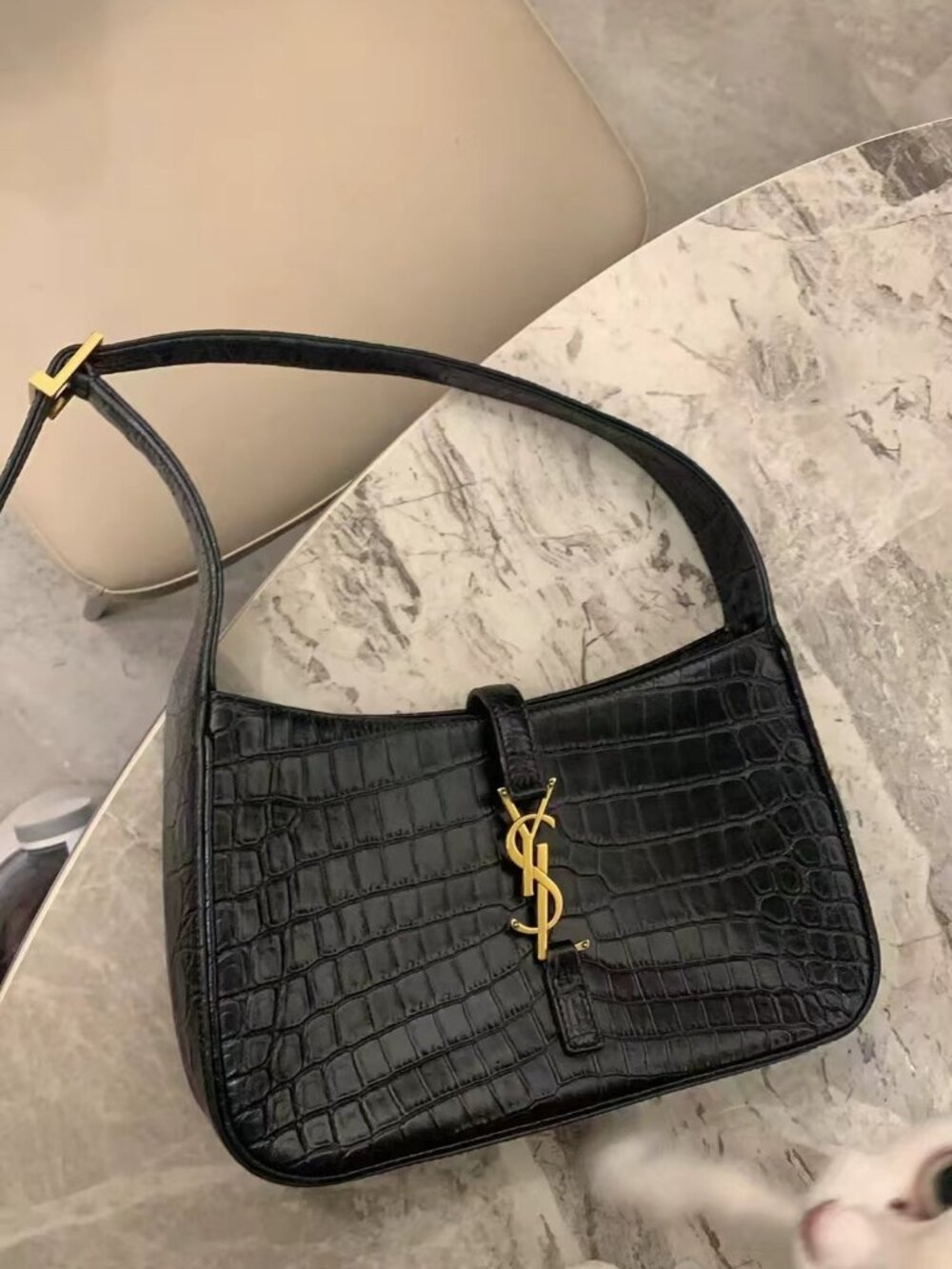 Saint Laurent Black Croc-Embossed Shoulder Bag with Gold YSL Hardware